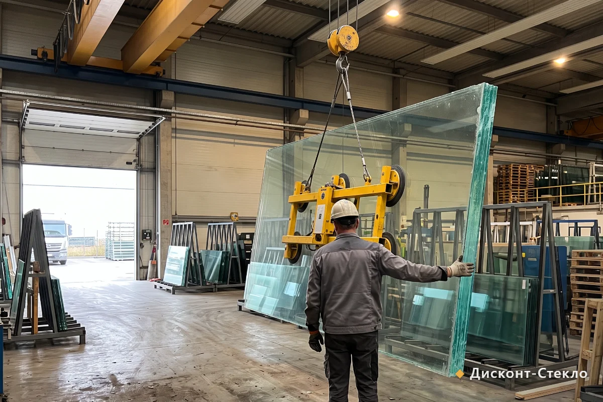 Большой лист прозрачного стекла снимают со стойки вакуумным захватом на кране, работник направляет его рукой